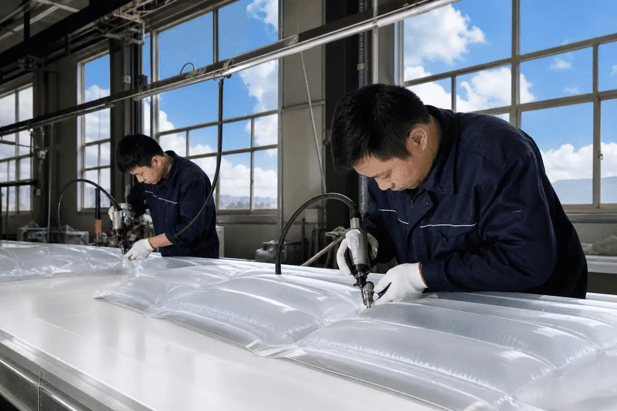 ETFE cushion inflation commissioning on construction site — ETFE technical guide — ETFE technical guide