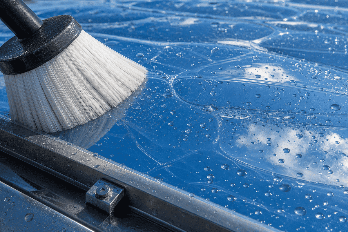 Soft brush cleaning ETFE film surface with deionized water