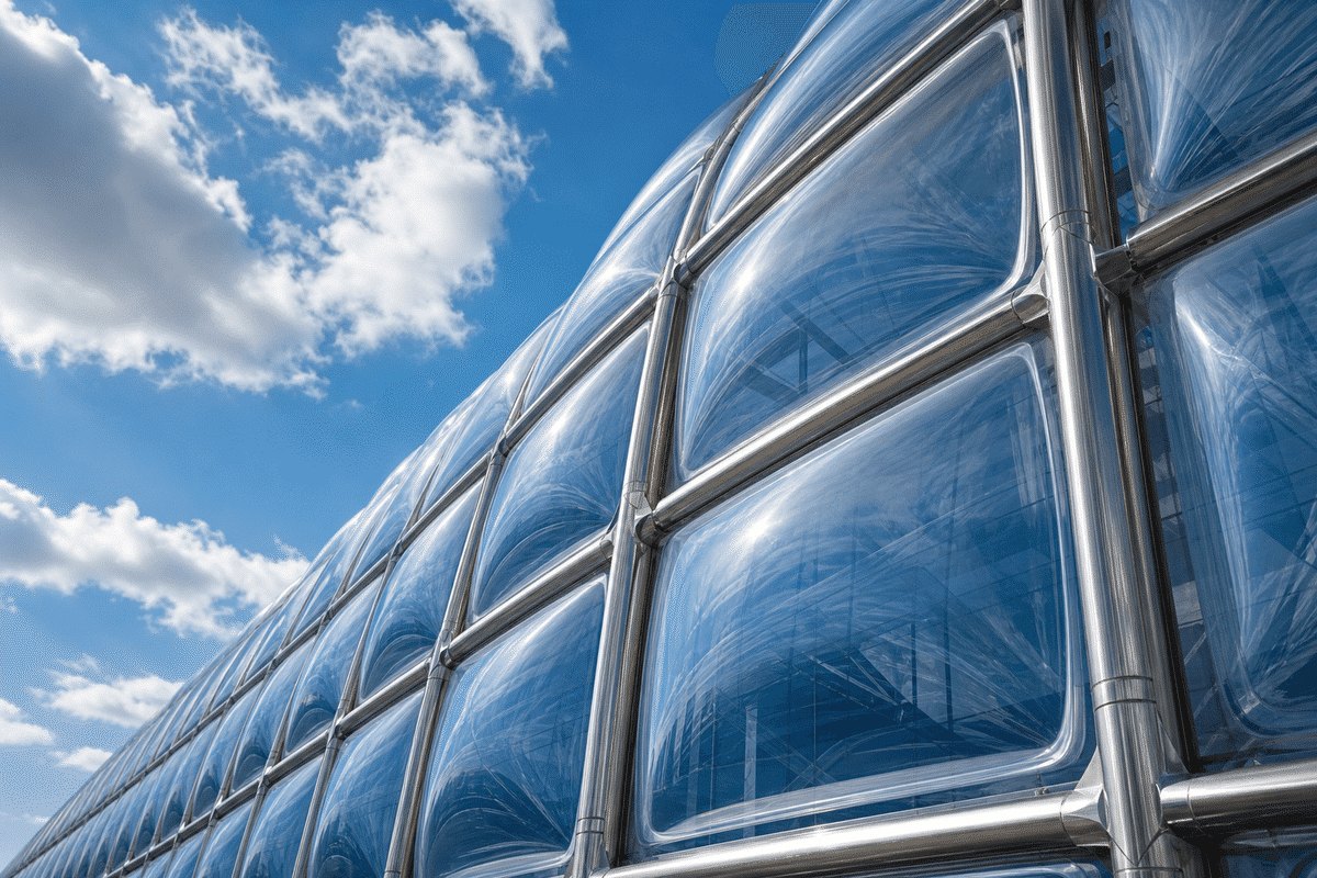 Crystal clear ETFE facade panels after professional cleaning