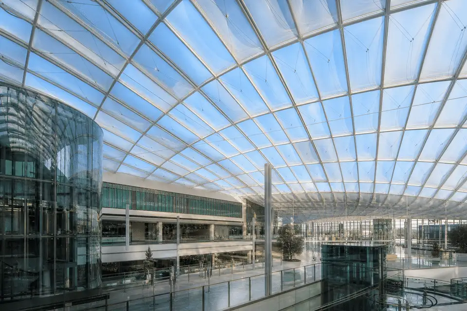 Freshly cleaned ETFE cushion ceiling transmitting brilliant daylight — ETFE technical guide