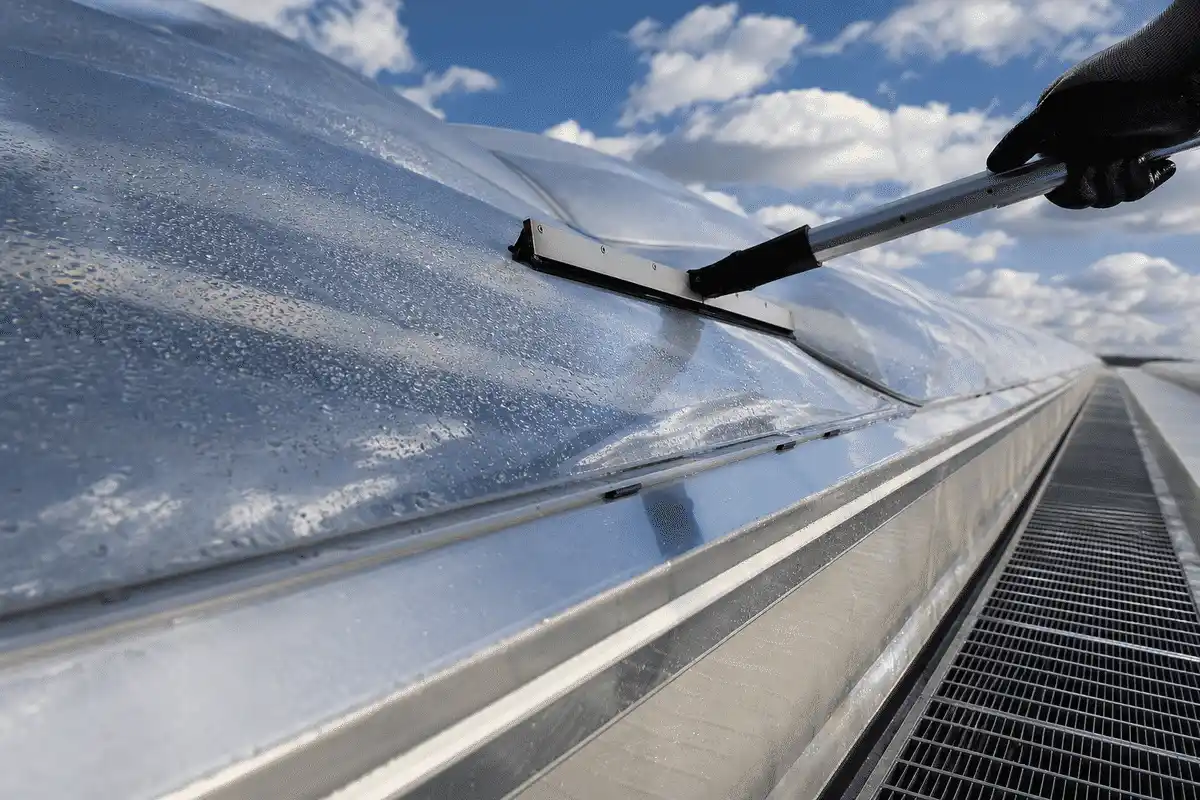 Water squeegee finishing clean ETFE cushion panel edge — ETFE Cleaning Procedure
