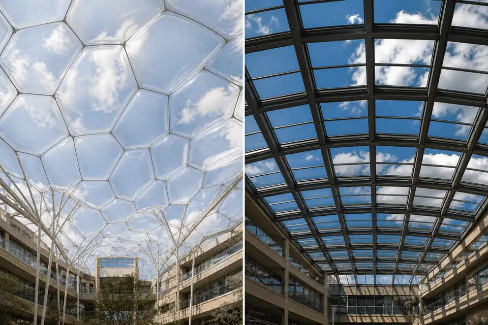 Lightweight ETFE cushion canopy contrasted with glass skylight — ETFE technical guide — ETFE technical guide