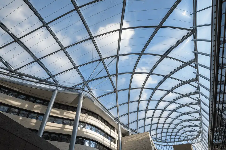 Drone view of stadium ETFE cushion roof and steel trusses — ETFE technical guide — ETFE technical guide