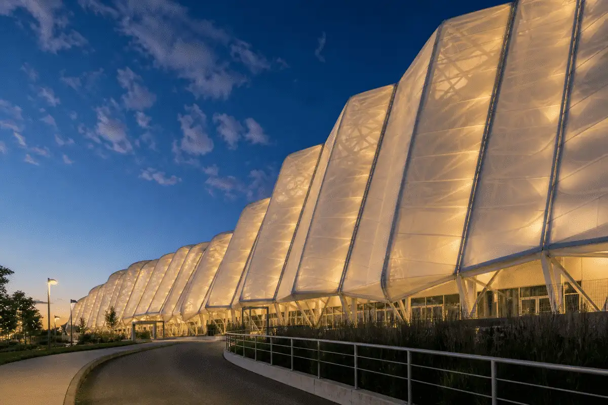 Shopping mall ETFE skylight glowing at twilight — ETFE Material Properties