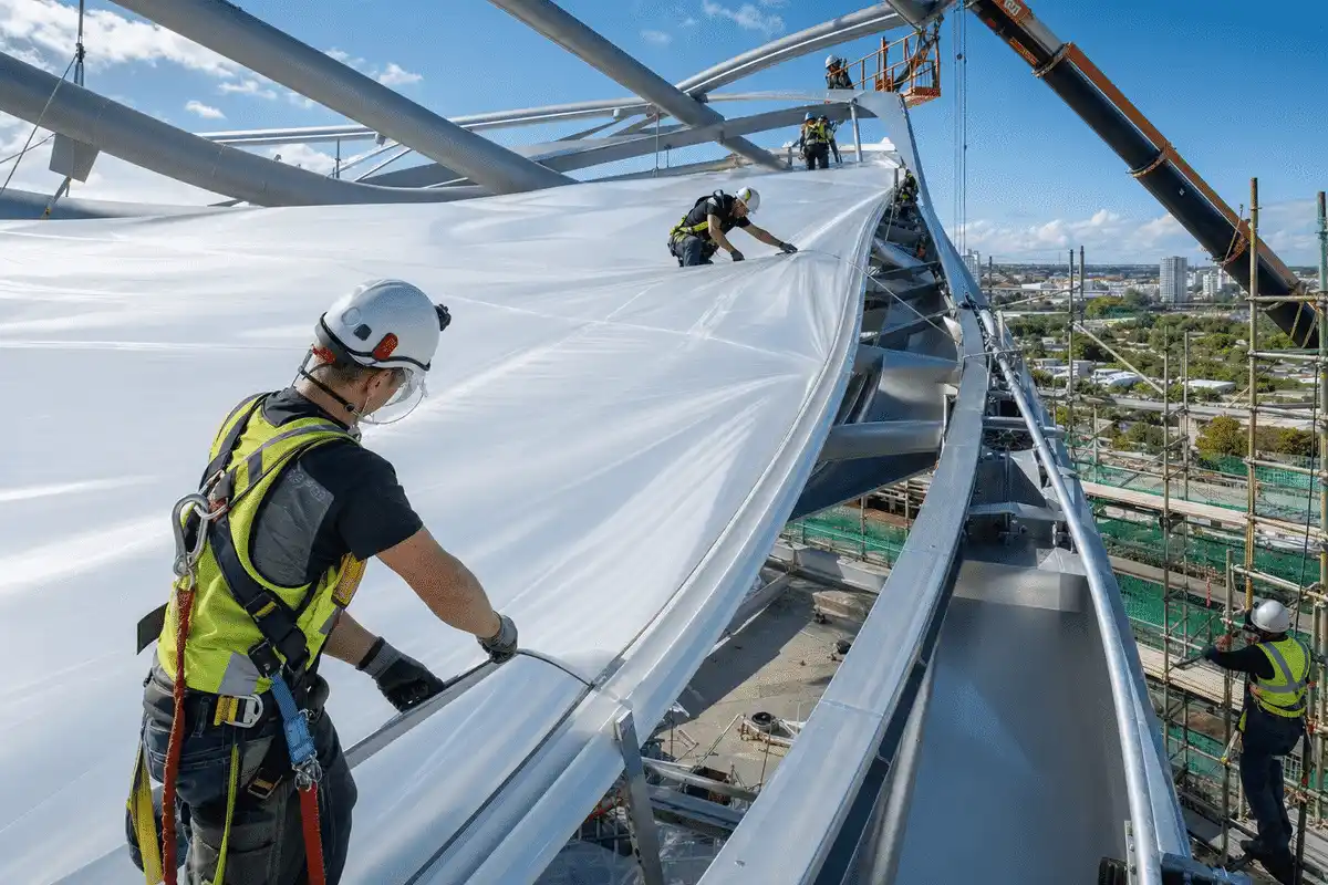ETFE membrane installation with tensioning on steel rafter — ETFE technical guide — ETFE technical guide