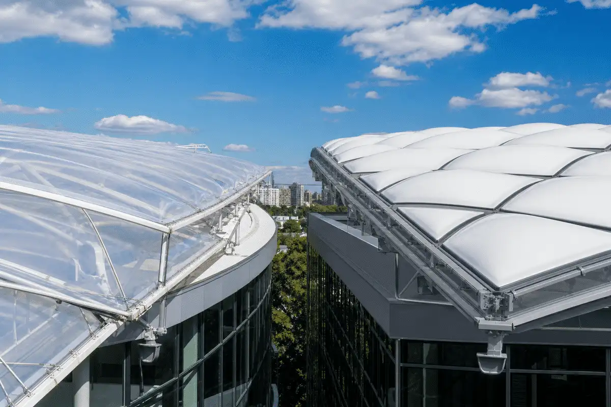 Single-layer ETFE canopy versus triple-layer inflated cushion — ETFE technical guide — ETFE technical guide