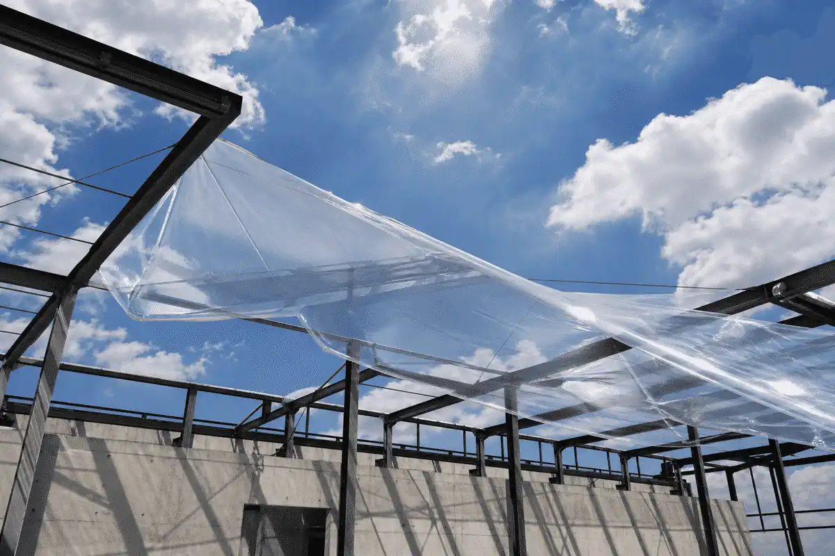 Installers applying tension to single ETFE foil sheet — ETFE Single Layer System