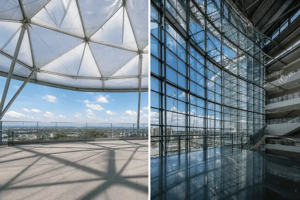 ETFE cushion atrium ceiling versus glass skylight ceiling — ETFE technical guide — ETFE technical guide