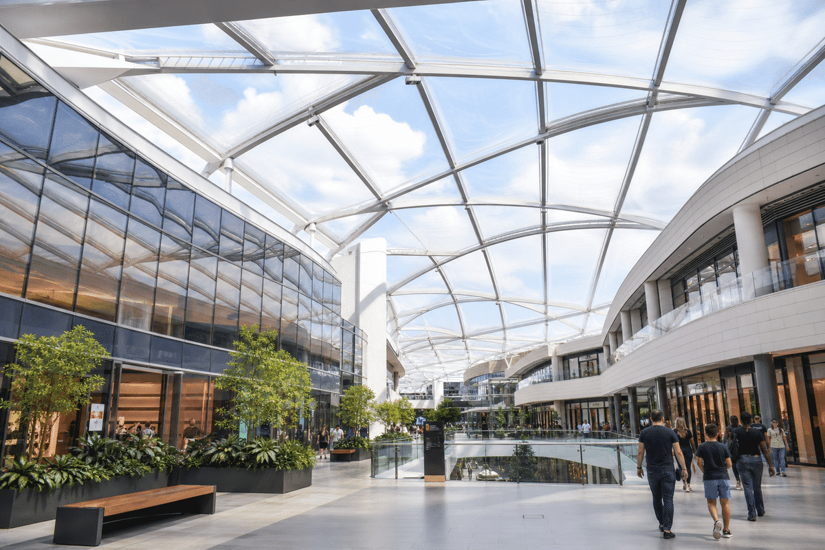 Interior atrium split between ETFE cushion and glass skylight