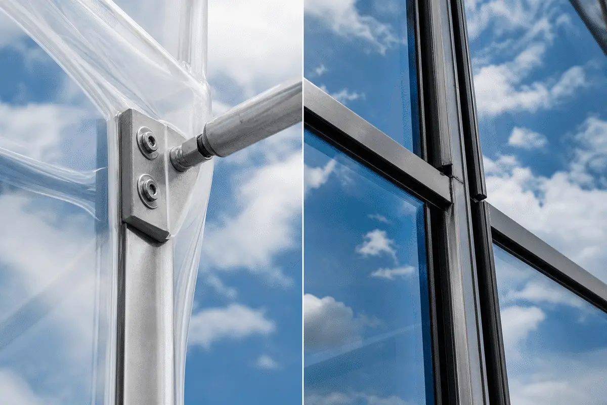 Detail comparing ETFE clamp edge with glass mullion — ETFE Vs Glass