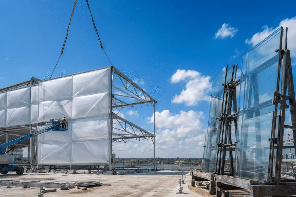 ETFE cushion inflation beside glass pane crane lift — ETFE Vs Glass