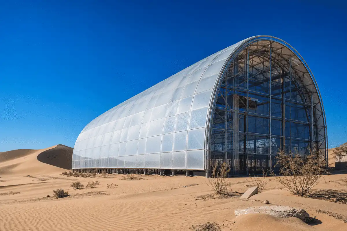 ETFE pedestrian bridge after ice storm with clearing blue sky — ETFE technical guide — ETFE technical guide