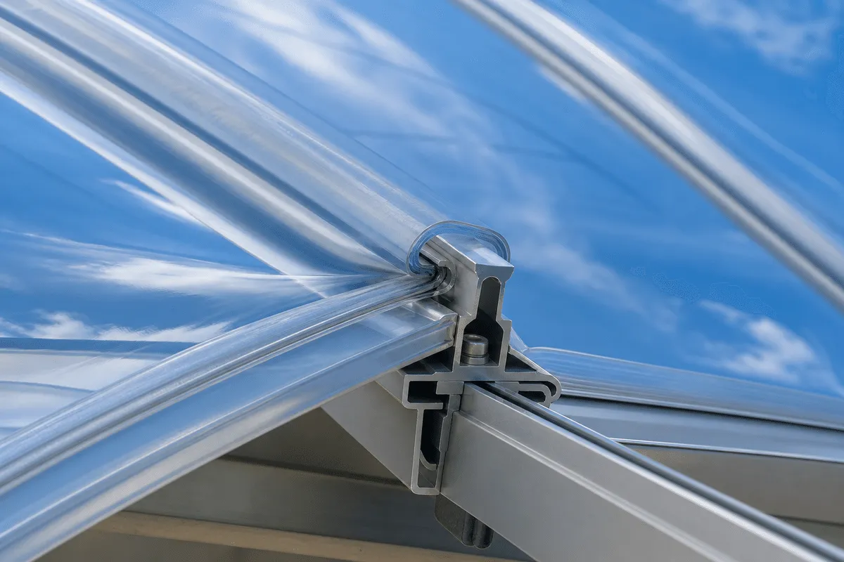 Close detail of ETFE clamp and film edge reflecting blue sky — ETFE technical guide — ETFE technical guide