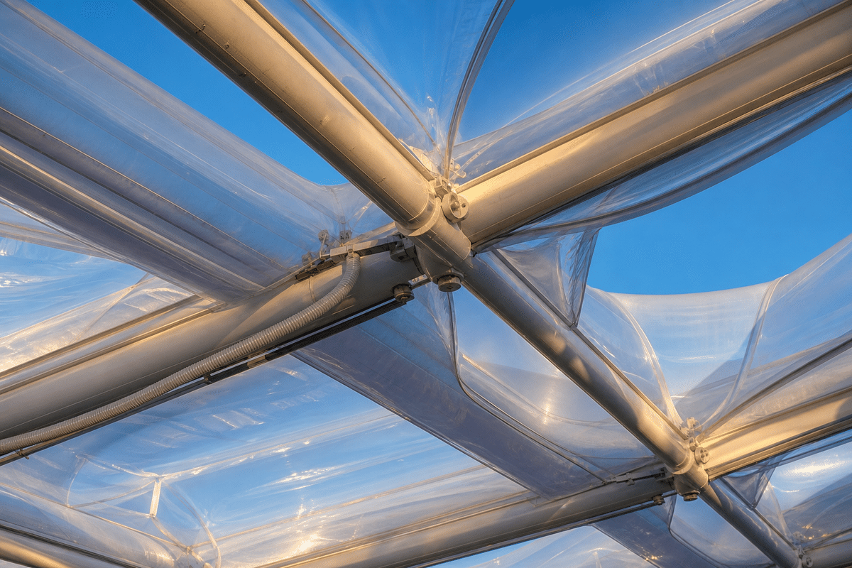 Multi-layer ETFE air cushion modules on steel grid against blue sky