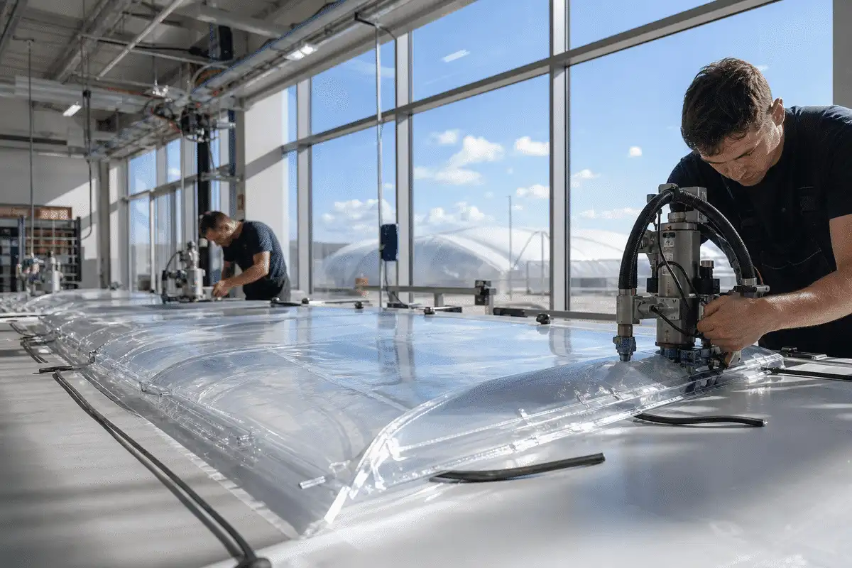 Factory fabrication of ETFE cushion panels with blue sky through workshop windows — ETFE technical guide